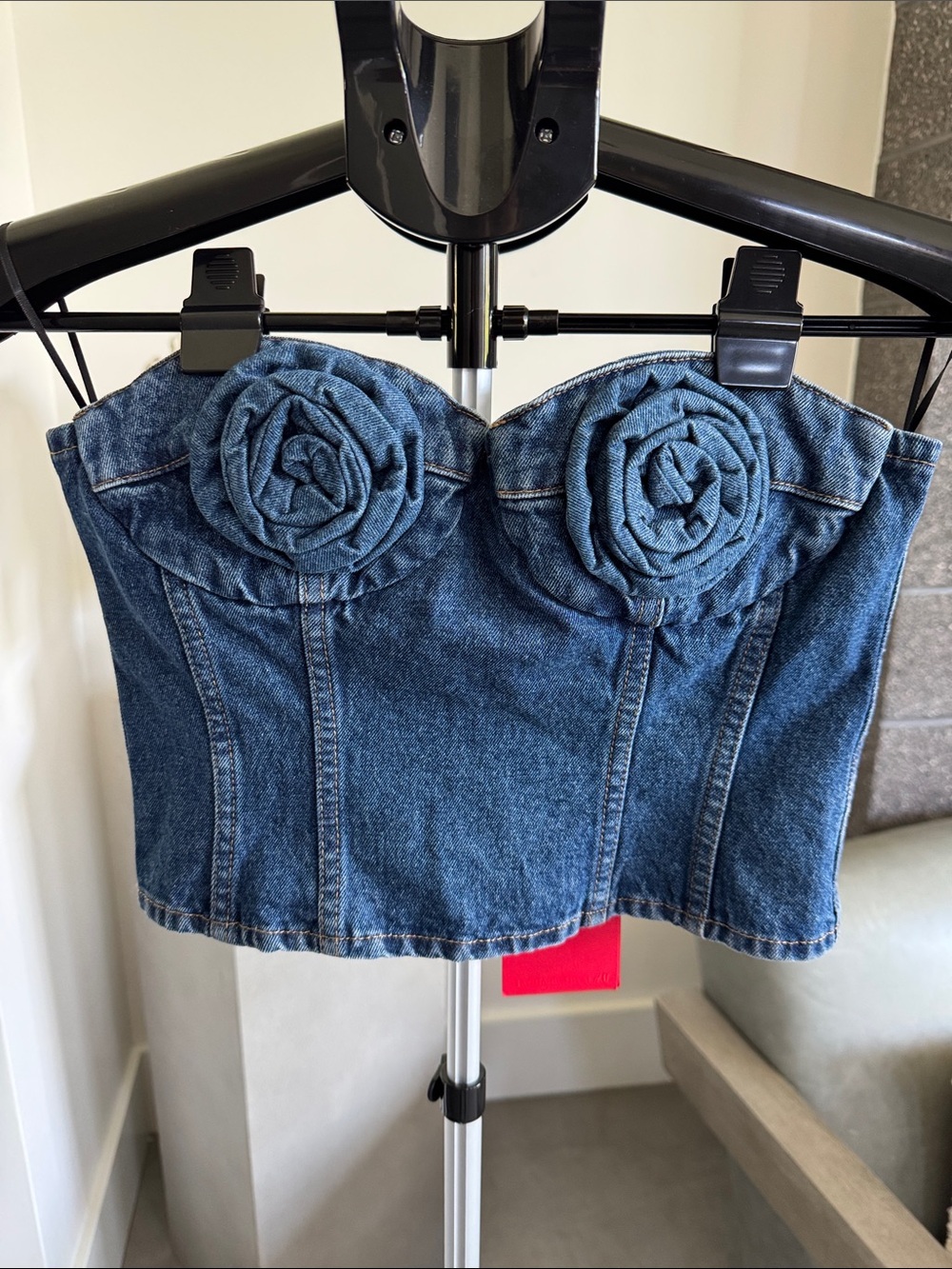 Magda Butrym Blue Denim Bustier Top with Rosette Detail